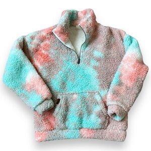 Roxy Sherpa Pullover in Red, Pink, Blue, and Gray Tie-Dye. Size M / Medium.